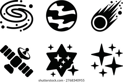 A set of black glyph icons depicting various space-themed elements like planets, stars, comets, and spacecraft.