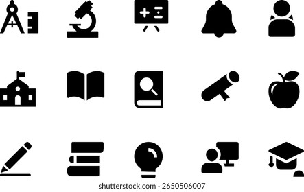 A set of black glyph icons representing education and learning, including tools like a compass, microscope, telescope, and items such as books, an apple, a graduation cap, and a school building.