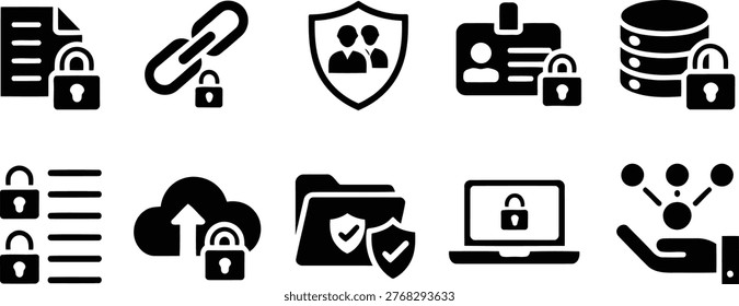 A set of black glyph icons representing various aspects of cybersecurity, data privacy, and information protection.