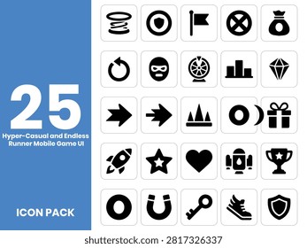 Set of black glyph icons representing hyper-casual and endless runner mobile game user interface elements. Collection of flat solid gaming powerup symbols including jump springs, invincibility shields, finish flags, target crosshairs, money bags, retry refresh arrows, thief robber masks, fortune lucky wheels, leaderboards, gem diamonds, speed dash arrows, fast forward indicators, spike obstacles, day night mode toggles, gift rewards, boost rockets, reward stars, extra lives hearts, jetpacks, winner trophies, gold coins, coin magnets, unlock keys, winged speed shoes, and defense armor shields.
