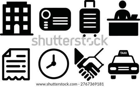 A set of black glyph icons representing travel, business, and transportation elements, including buildings, luggage, and taxis.