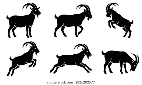 Set of black goat silhouettes showing various walking and leaping postures for farm animal designs