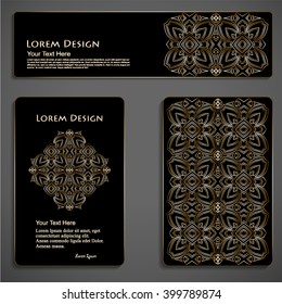 set of black and gold business cards and header templates with hand drawn tribal ornament, mandala, for greeting, invitation card, or cover. Vector illustration