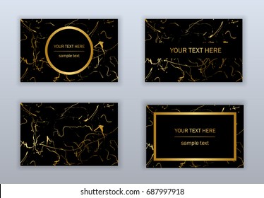 Set Of Black And Gold Business Cards Templates. Modern Abstract Design. Hand Drawn Ink Pattern. Brush Texture.