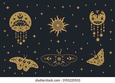 Set of Black and Gold butterflies with gold doodle wings. A collection of illustrations with fluttering insects and planets. Starry background of magical moth wings. Vector illustration