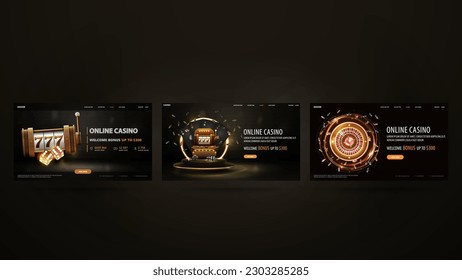 Set of black and gold casino web banners with gold slot machine, neon Casino Roulette and poker chips on dark background