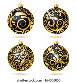 Set of Black and gold Christmas balls on white background. Vector illustration.