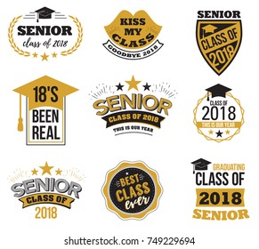 The set of black and gold colored senior text signs with the Graduation Cap, ribbon vector illustration. Class of 2018 grunge badges on white background