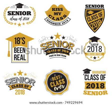 The set of black and gold colored senior text signs with the Graduation Cap, ribbon vector illustration. Class of 2018 grunge badges on white background