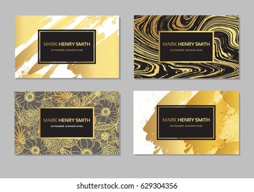 Set Of Black And Gold Design Business Card. Abstract Modern Backgrounds.Brush Stroke