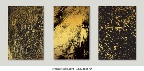 Set of Black and Gold Design Templates for Brochures, Flyers, Banners. Gold grunge textures to create distressed effect.