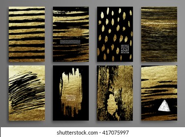 Set of Black and Gold Design Templates for Brochures, Flyers, Mobile Technologies, Applications, and Online Services, Typographic Emblems, Logo, Banners and Infographic. Abstract Modern Backgrounds. 