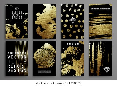 Set of Black and Gold Design Templates for Brochures, Flyers, Mobile Technologies, Applications, and Online Services, Typographic Emblems, Logo, Banners and Infographic. Abstract Modern Backgrounds. 