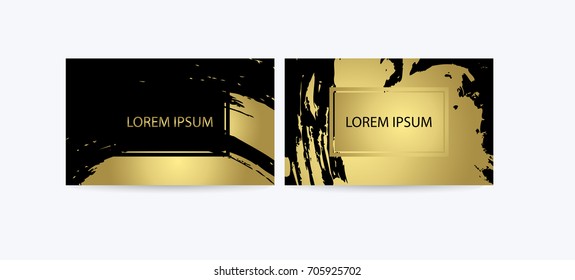 Set of Black and Gold Design Templates for Brochures, Mobile Technologies and Online Services, Typographic Emblems, Logo, Banners and Infographic. Abstract Modern Backgrounds. Brush stroke