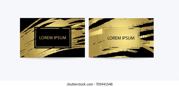 Set of Black and Gold Design Templates for Brochures, Mobile Technologies and Online Services, Typographic Emblems, Logo, Banners and Infographic. Abstract Modern Backgrounds. Brush stroke