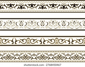 A set of black and gold endless borders. Tatar national ornament. Ethnic pattern of the Turkic peoples. Asian frame.
