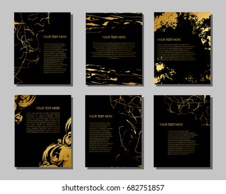 Set of black and gold flyers. Modern abstract design. Hand drawn ink pattern. Brush texture.