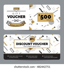 Set of black and gold gift vouches in retro 80s, 90s memphis style. Gift certificate for a holiday. Gift Voucher in modern, hipster, youth style. Vector illustration