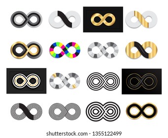 Set of black and gold infinity, moebius vector symbol, logo or limitless sign isolated on white background. Creative infinite or eternity endless icon collection