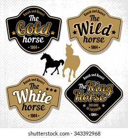 Set of black and gold labels with logos of horse's name and images of a silhouette horses. Vector illustration.