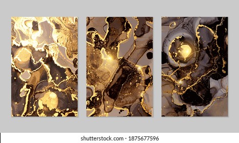 Set of black, and gold marble abstract patterns. Alcohol ink technique stone texture. Vector background. Modern paint with glitter. Banner, poster design template.