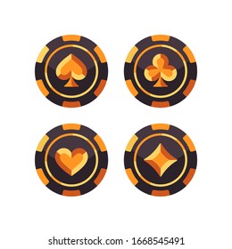 Juego de fichas de póquer negro y oro. Ilustración plana del casino