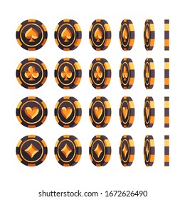 Set of black and gold poker chips at different angles. Casino flat illustration