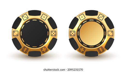 Set of black and gold poker chips, token with dots of dices on white background. Vector illustration for card, casino club, game design, flyer, poster, banner, web, advertising.