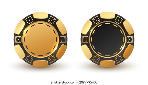 Set of black and gold poker chips, token with dots of dices on white background. Vector illustration for card, casino club, game design, flyer, poster, banner, web, advertising.