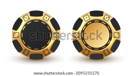 Set of black and gold poker chips, token with dots of dices on white background. Vector illustration for card, casino club, game design, flyer, poster, banner, web, advertising.