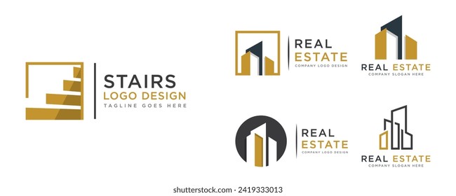 Set Of Black and Gold Real Estate Logo Image on White Background. Flat Vector Logo Design Template Element for Construction Architecture Building Logos.
