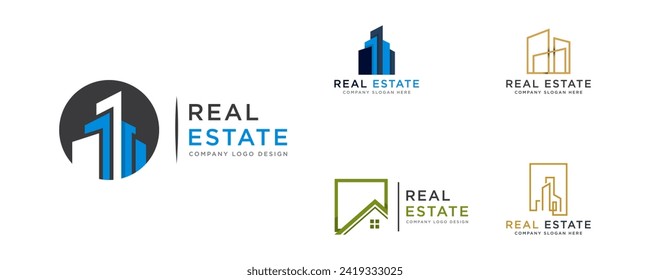 Set Of Black and Gold Real Estate Logo Image on White Background. Flat Vector Logo Design Template Element for Construction Architecture Building Logos.