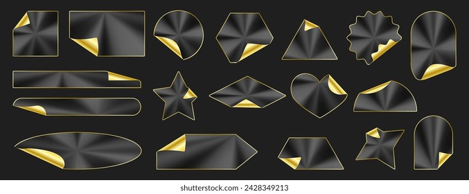 Set of black and gold stickers. Vector holographic geometric shapes with gold frame and curled corner. Luxury, premium golden labels. Isolated background