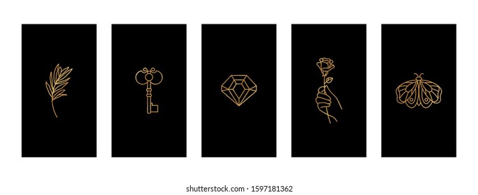 Set Black And Gold Stories Highlights Covers With A Butterfly, Diamond, Twig, Hand Holding A Rose And Key. 