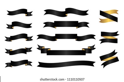 Set of black and gold vector ribbons. Design element for greeting cards, invitation.