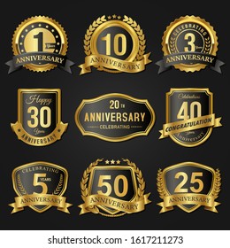 Set of black and gold years anniversary seal badges and labels