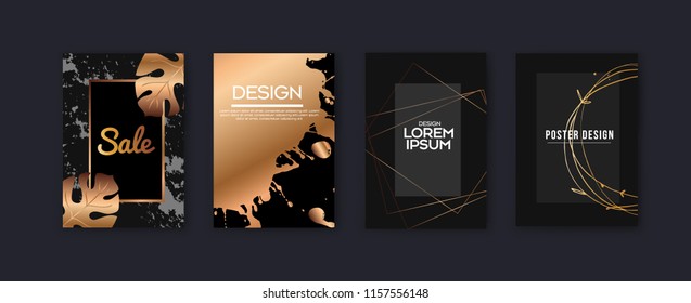 Set Of Black And Golden Nature Texture. Elegant Brochure, Card, Background, Cover. Geometric Frame. Palm, Exotic Leaves.