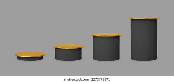 Set black golden plinth podium base platform different heights. 3d round blank stand pedestal for product presentation.Vector cylinder shape. Podium mockup realistic illustration