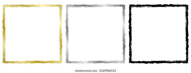 Conjunto de marco de metal negro, dorado y plateado aislado en blanco. Marco cuadrado de Vector para texto, certificado, imágenes, diploma, Anuncio. Antiguo marco desgastado