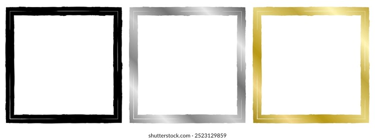 Set of black, golden and silver metal frame isolated on white. Vector square frame for text, certificate, pictures, diploma, banner. Old worn frame