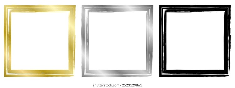Set of black, golden and silver metal frame isolated on white. Vector square frame for text, certificate, pictures, diploma, banner. Old worn frame