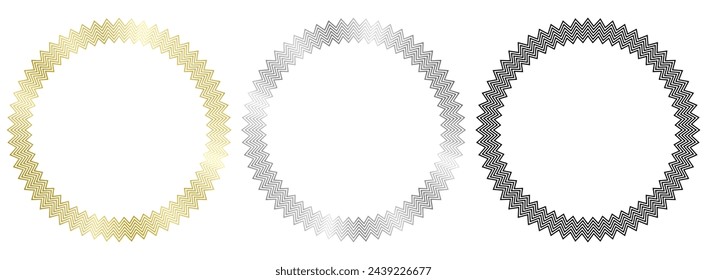 Set of black, golden and silver round metal frames isolated on white. Vector frame for photo. Frame for text, certificate, pictures, diploma. Luxury, gold, wedding, celebration. Zig Zag frames