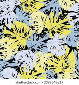 Set of black and golden tropical leaves on a dark green background.  Creative collage seamless patterns.