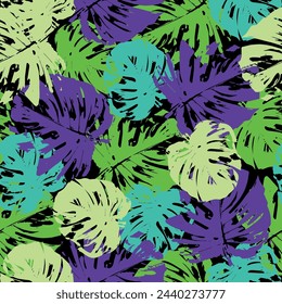 Set of black and golden tropical leaves on a dark green background.  Abstract exotic leaves seamless pattern. 