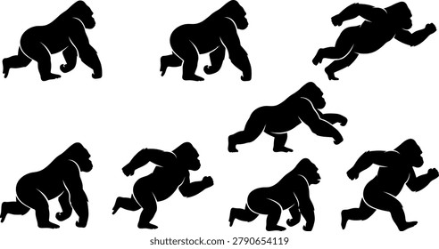 Set of black gorilla silhouettes in various walking and running poses for wildlife design projects