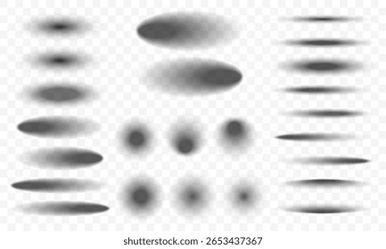 Set of black gradient oval and linear shadows with soft blurry edges for graphic design, web layouts, and modern ui elements