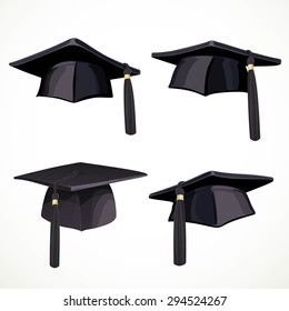 Set of black graduate cap with a tassel isolated on white background