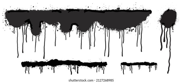 Set of black graffiti spray. Collection of abstract ink paint, drips, drop and dot with spray texture and stencil pattern. Elements on white background for banner, decoration, street art and ads.