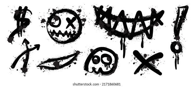 Set of black graffiti spray. Collection of arrow, skull, heart and symbols with spray texture and stencil pattern. Elements on white background for banner, decoration, street art and ads.
