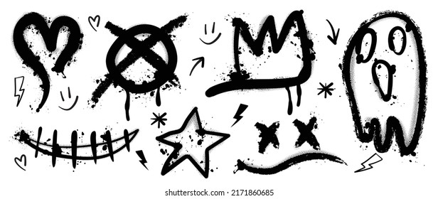 Set of black graffiti spray. Collection of arrow, skull, heart and symbols with spray texture and stencil pattern. Elements on white background for banner, decoration, street art and ads.